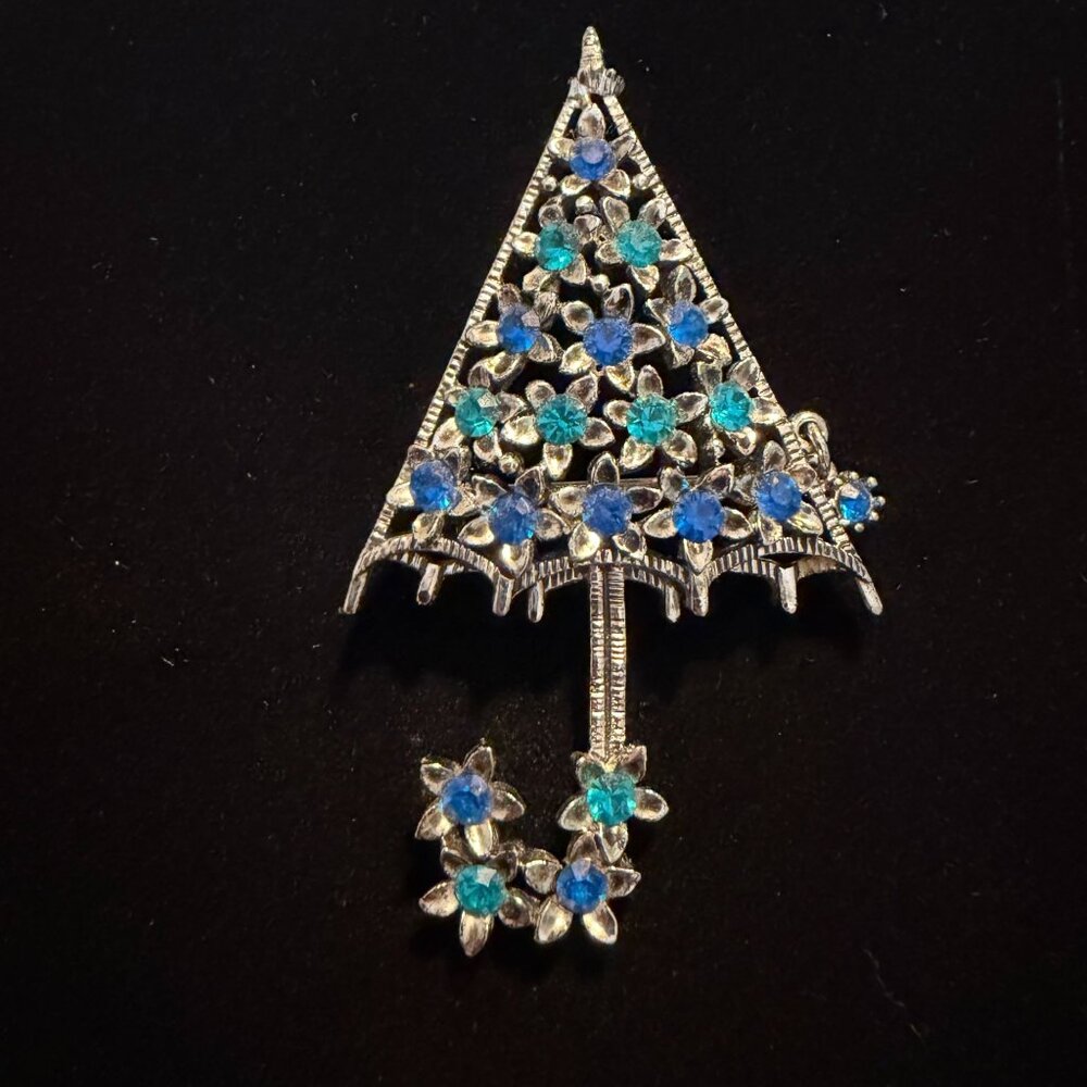 VTG Blue rhinestone Umbrella brooch pin silver tone Flowers‎ 00s sparkle